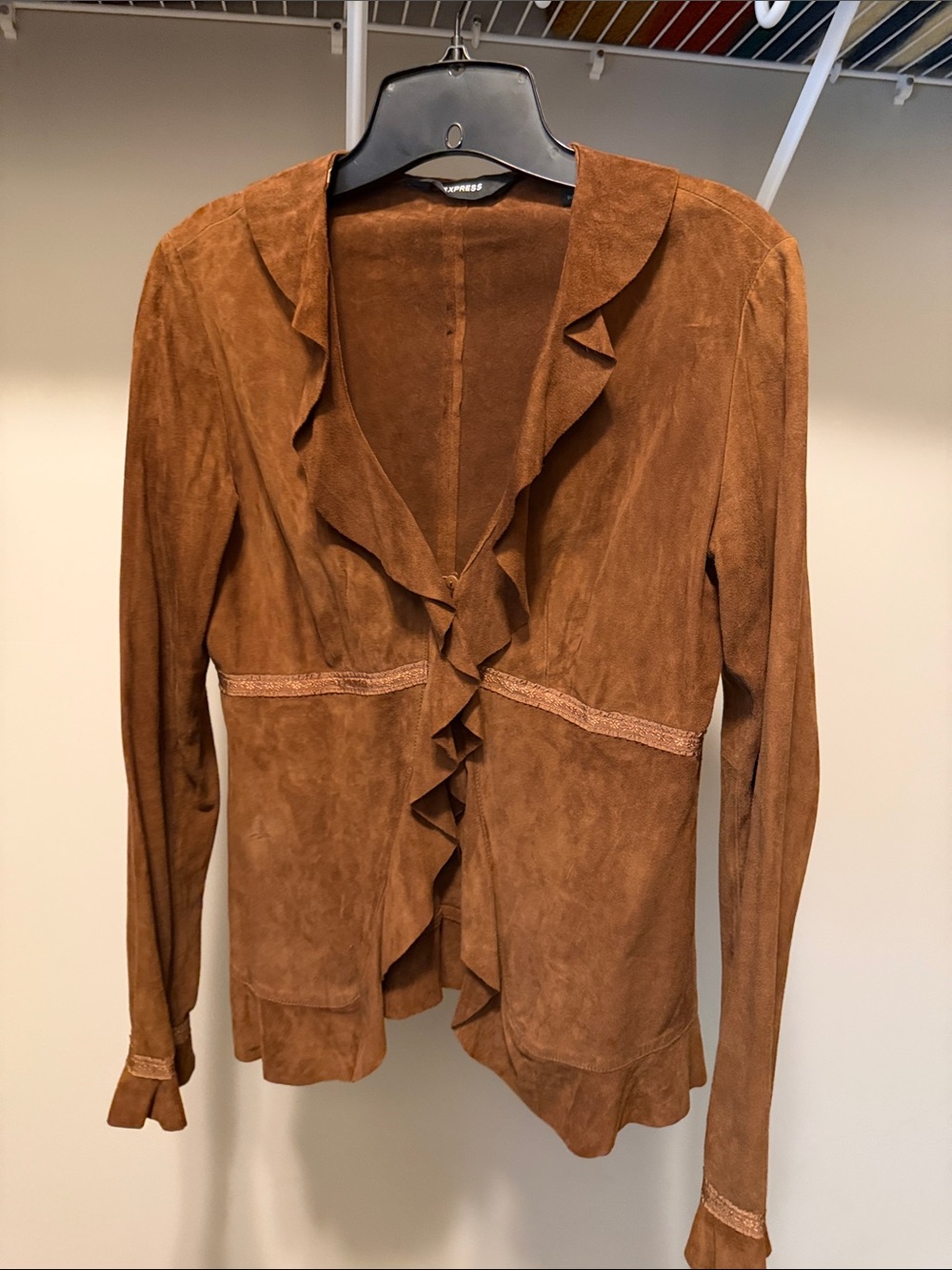 Express Brown Ruffle-Front Faux Suede Jacket - Picture 5 of 6